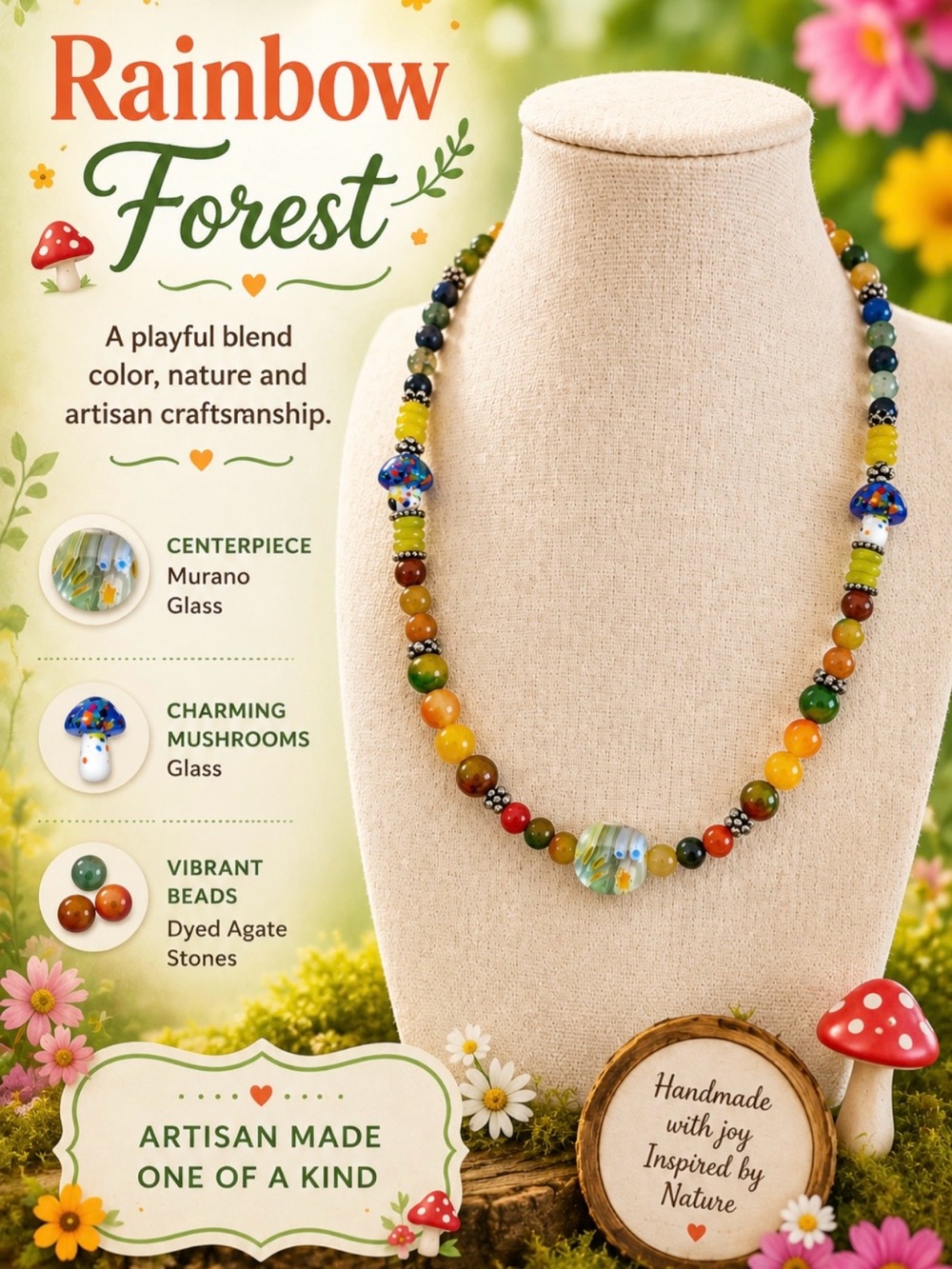 Artisan Multicolor Stone Necklace with Murano Glass Centerpiece